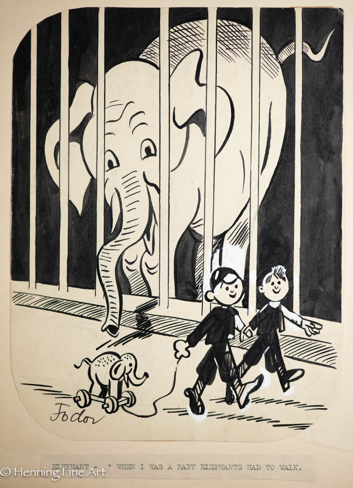 Rare Laszlo Fodor Antique Illustration Painting Elephant Zoo Cartoon, Nice!