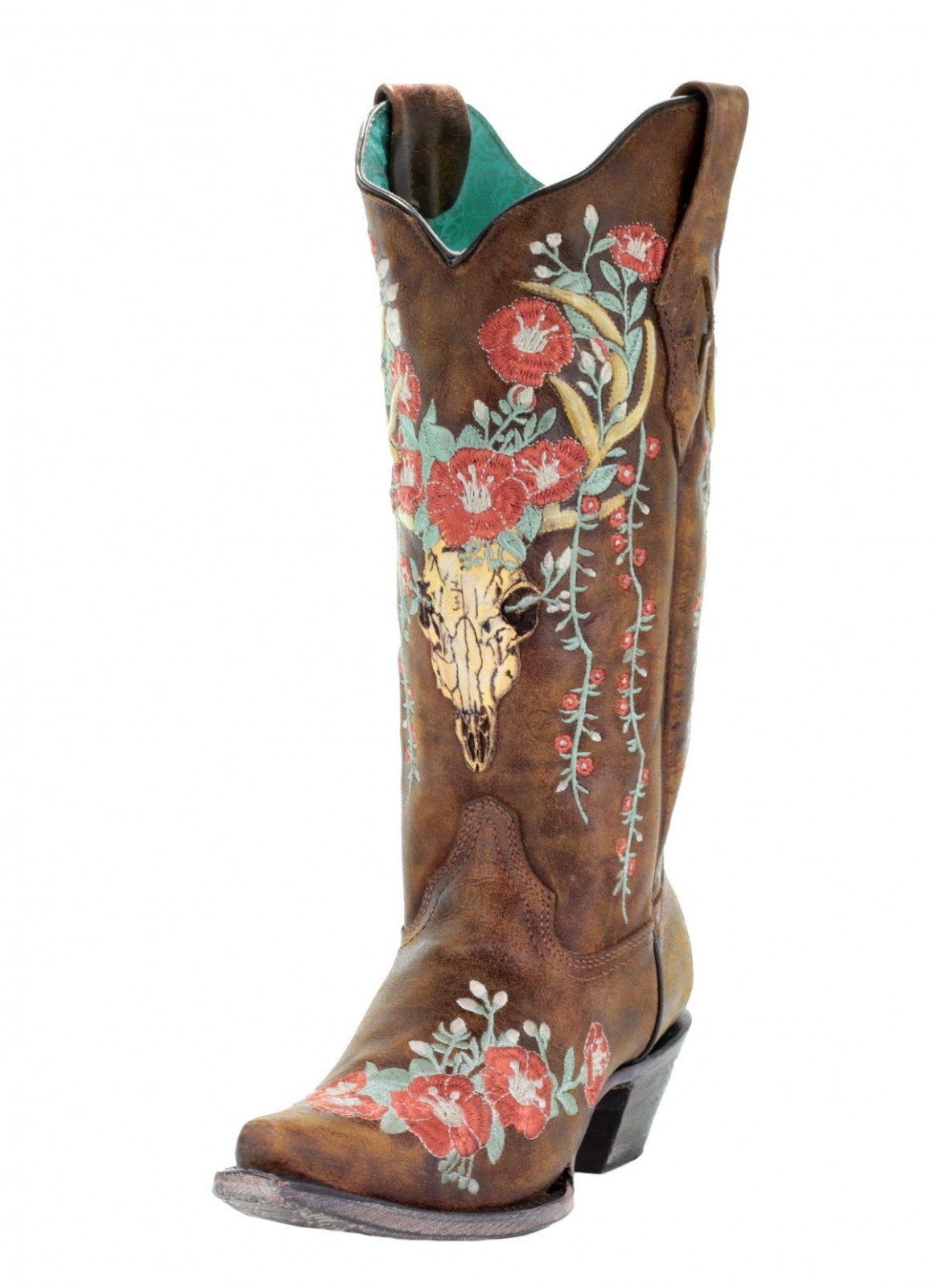 Pre-owned Corral Boots Corral Tan Deer Skull Overlay And Floral Embroidered Boots A3652 In Brown