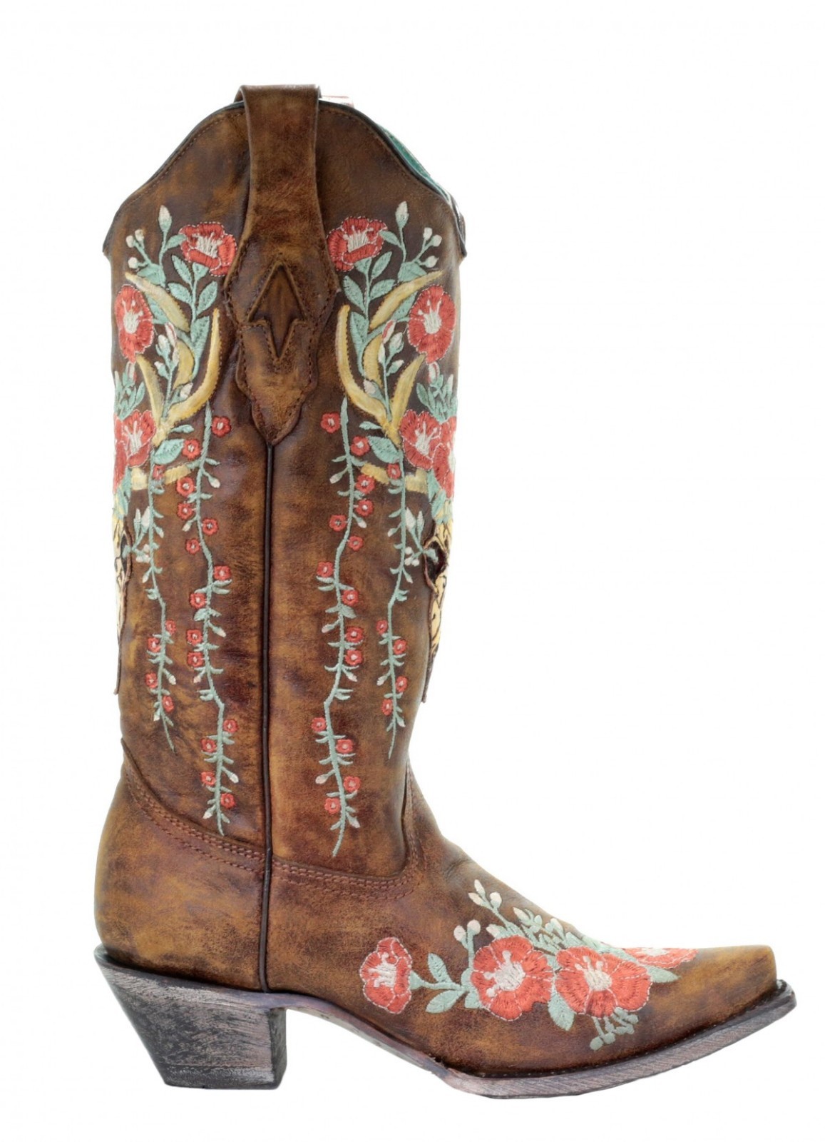 Pre-owned Corral Boots Corral Tan Deer Skull Overlay And Floral Embroidered Boots A3652 In Brown