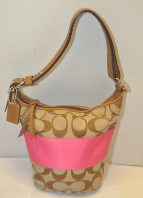 Coach Signature F13362 Stripe Tan Pink Rugby Duffle Bucket