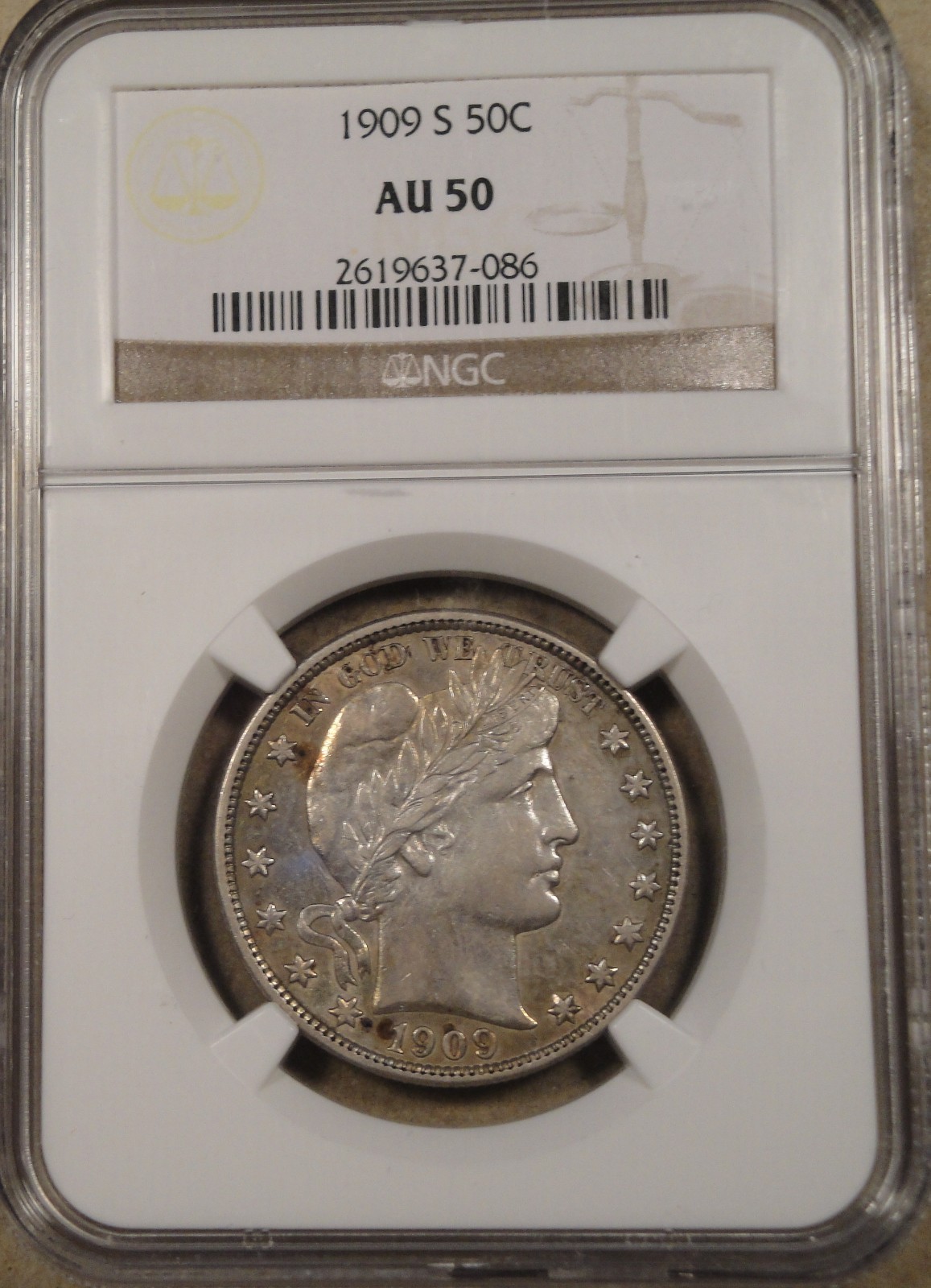 1909-S Barber Half Dollar NGC AU-50
