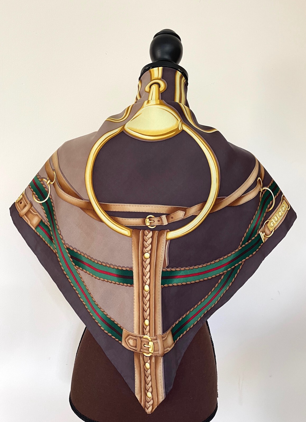 Pre-owned Gucci Unisex  Silk Wrap Logo Print Horsebit Equestrian Brown Beige Scarf