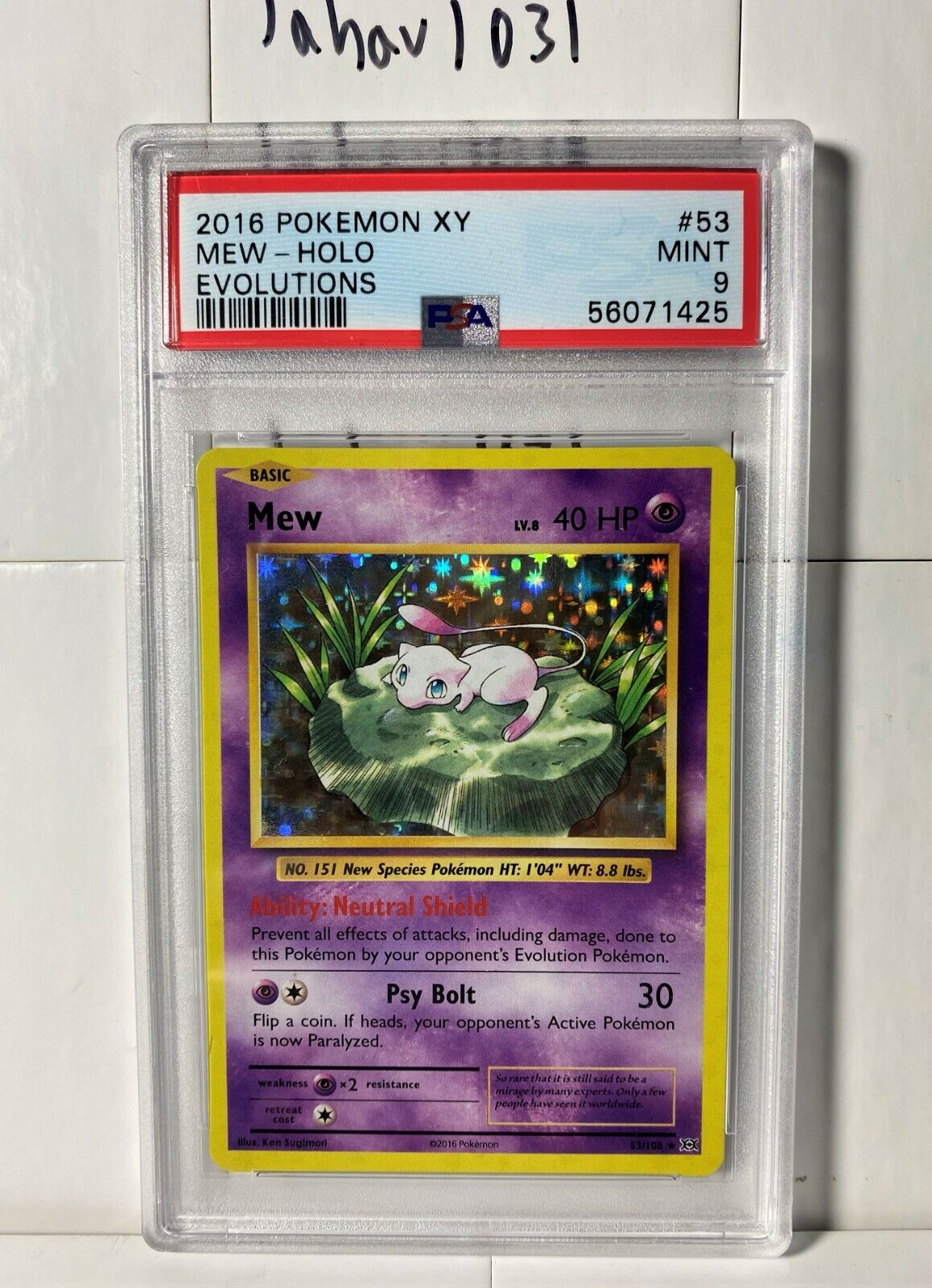 PSA 9 MINT MEW HOLO RARE 53/108 POKEMON CARD 2016 XY PSA 9 MINT MEW HOLO RARE 53/108 POKEMON CARD 2016 XY
