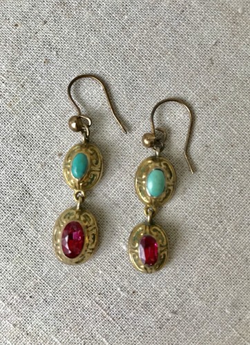 Vintage Antique Georgian Turquoise and Pink Tourmaline Hanging Earrings, UK