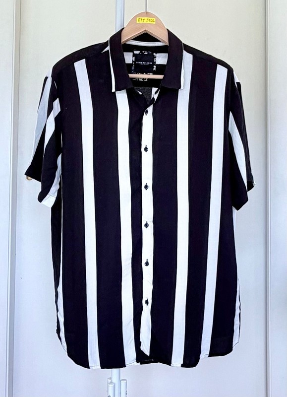 Denim & Flower Women’s Button Down Shirt Black White Striped Short Sleeve XL