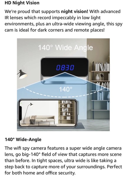 Versatile 140° wide-angle night vision spy camera.