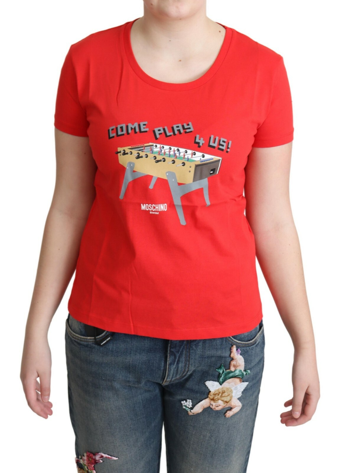 

Футболка MOSCHINO Красная хлопковая блузка Come Play 4 Us с принтом IT44/US10/ 260 долларов США, Красный