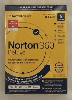 Norton 360 Deluxe: 5 Devices - 1 year, 50GB Cloud Storage, Secure VPN, more!