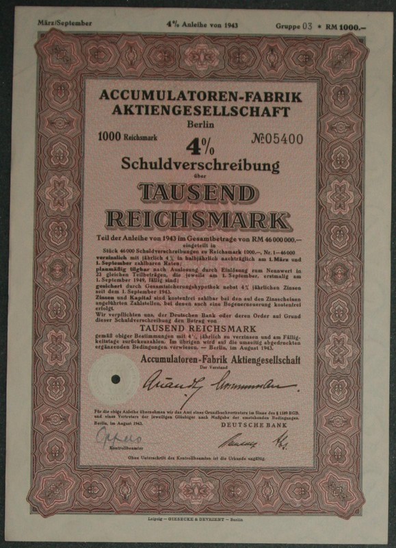 Accumulatoren-Fabrik Aktiengesellschaft Berlin-Hagen 4 % Anleihe 1943 03 1000 Rm
