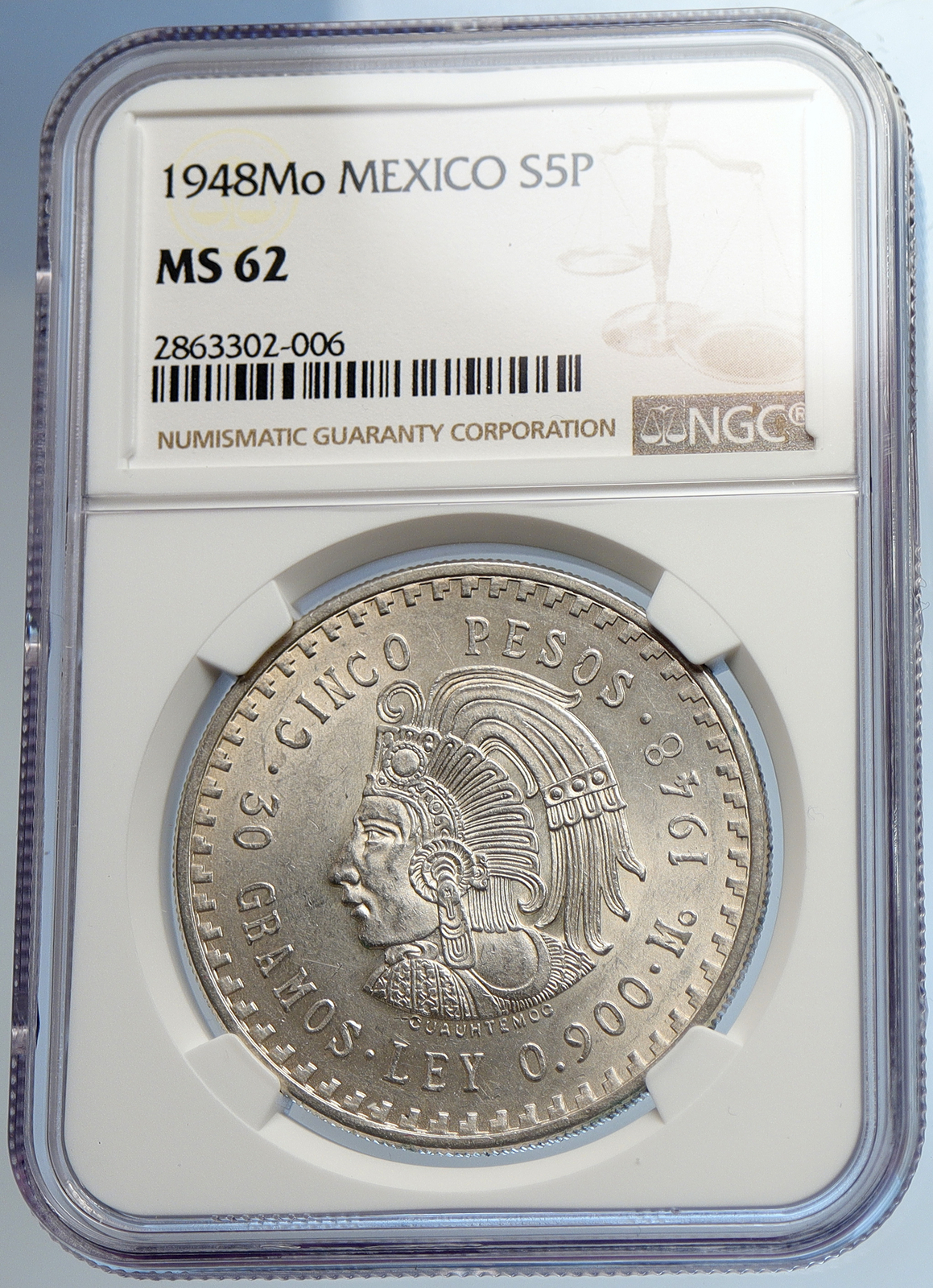 1948 MEXICO Aztec Chieftain CUAUHTEMOC Eagle OLD Silver 5 Peso