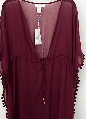 $79 Bleu by Rod Beattie Swim Cover-Up Caftan Dress Burgundy Red Womans Size M