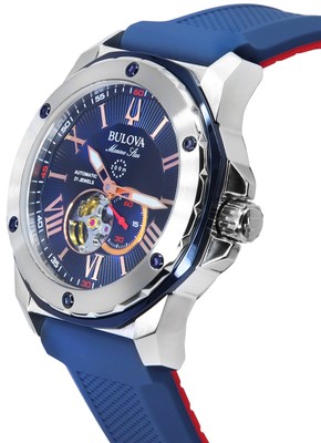 Pre-owned Bulova Marine Star Open Heart Blue Dial Diver Silicone Strap 98a282 Mens Watch