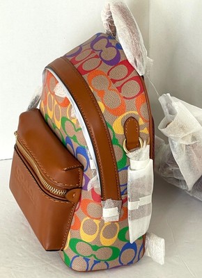 Pre-owned Coach Charter Backpack 18 Small Brown Leather Rainbow Signature Canvas Org Pkg