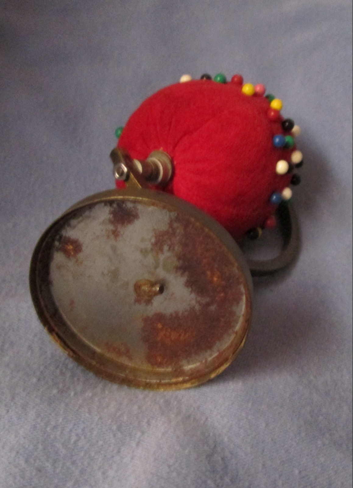 lot of 4 vintage pin cushions - lady, boy in sled, globe & strawberry
