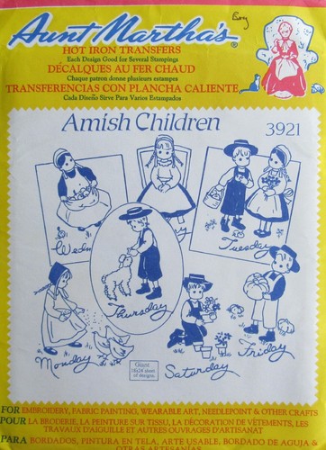 VTG Aunt Marthas 3921 Amish Children Days of Week Embroidery Transfer Pattern FF