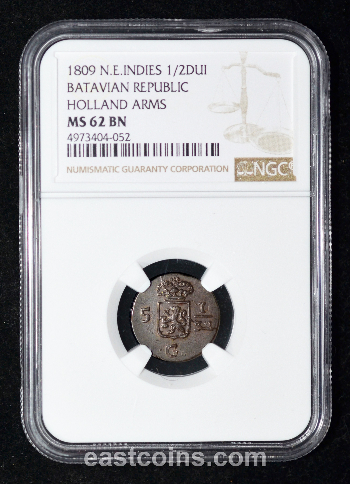 NGC MS62 1809 N.E.Indies Batavian Republic Holland Arms 1/2 DUI