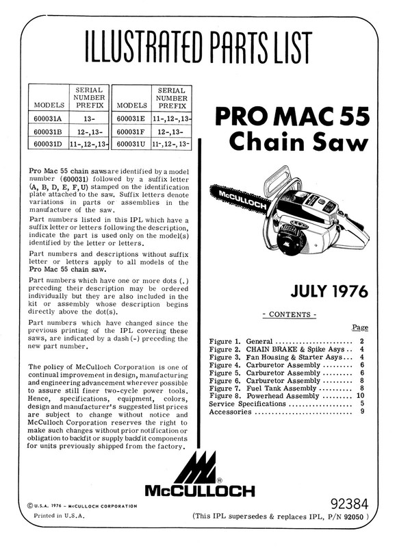 JULY 1976 PRO MAC MODEL 55 CHAIN SAW ILLUSTRATED PARTS LIST