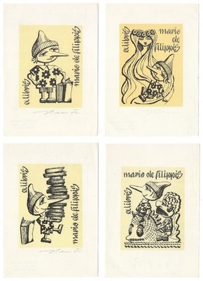 Los Von 4 Ex-Libris Mario De Filippis - PINOCCHIO - Signiert Von Vladimir Pechar