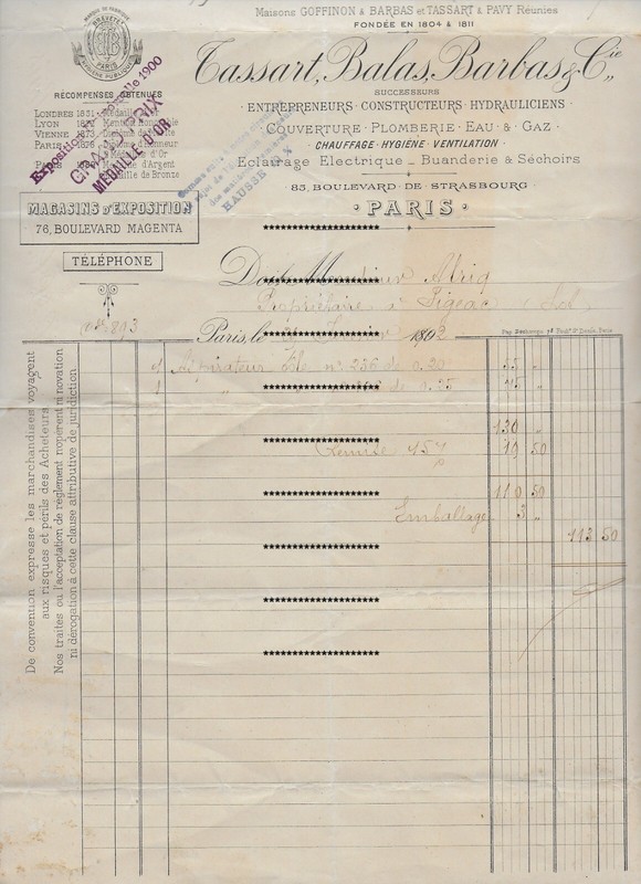 1902Â : Paris â Tassart Balas Barbas Successeurs â Hydrauliciens