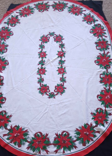 Vintage Tablecloth Oval Christmas Holiday Poinsettias Red Bows Party Decor