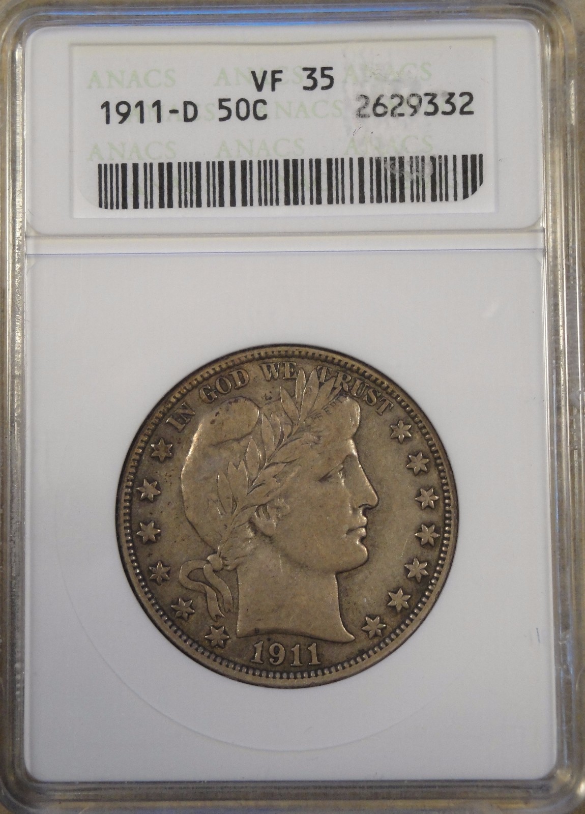 1911-D Barber Half Dollar ANACS VF35 Old Small Holder