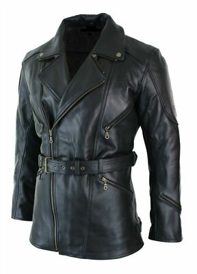 Men's Black 3/4 Motorcycle Biker Long Cow Hide Leather Jacket Coat