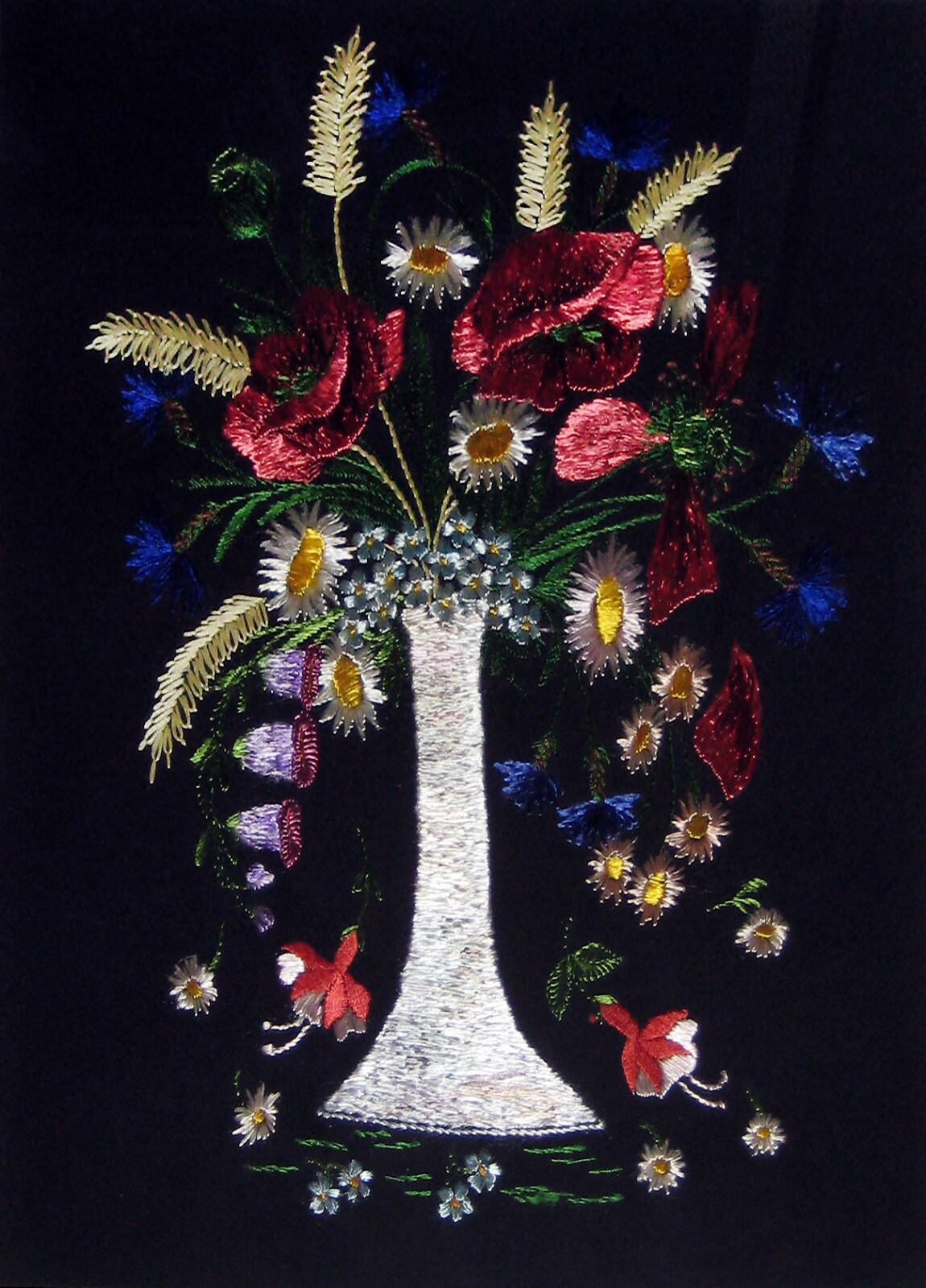 • Pair of Large Matching Vintage Silk Thread Paintings • Floral Still Lifes •