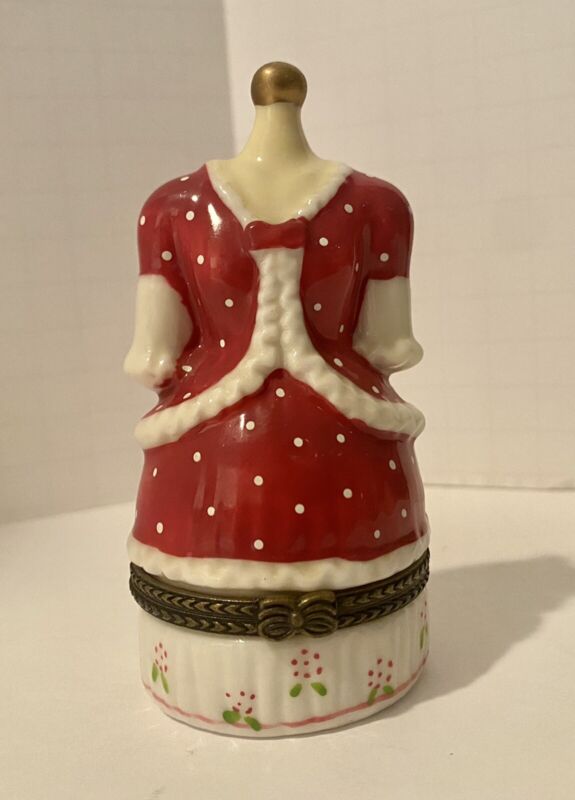 Vintage Dress Porcelain Hinged Jewelry Trinket Box Bust Form Sewing