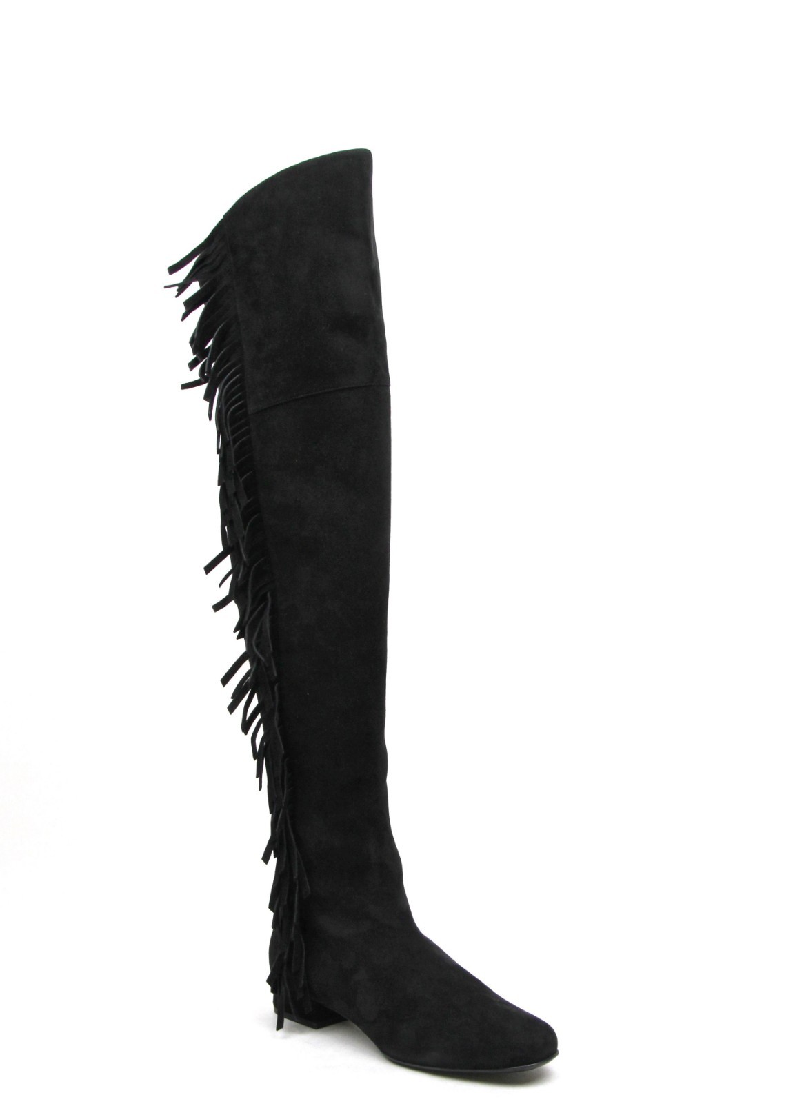 Pre-owned Saint Laurent Woman's Black Suede Over The Knee Fringed Boots 438270 1000