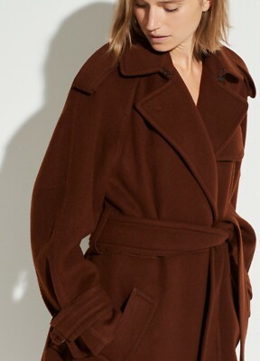 Pre-owned Vince Belted Soft Wool Blend Lined Trench Coat, Mahogany, Small, Msrp $895 In Brown