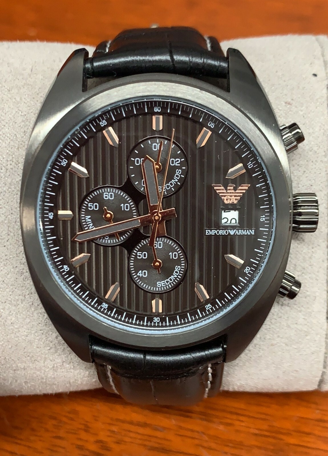 Emporio Armani Gunmetal Dial Black Leather Band Watch AR6127