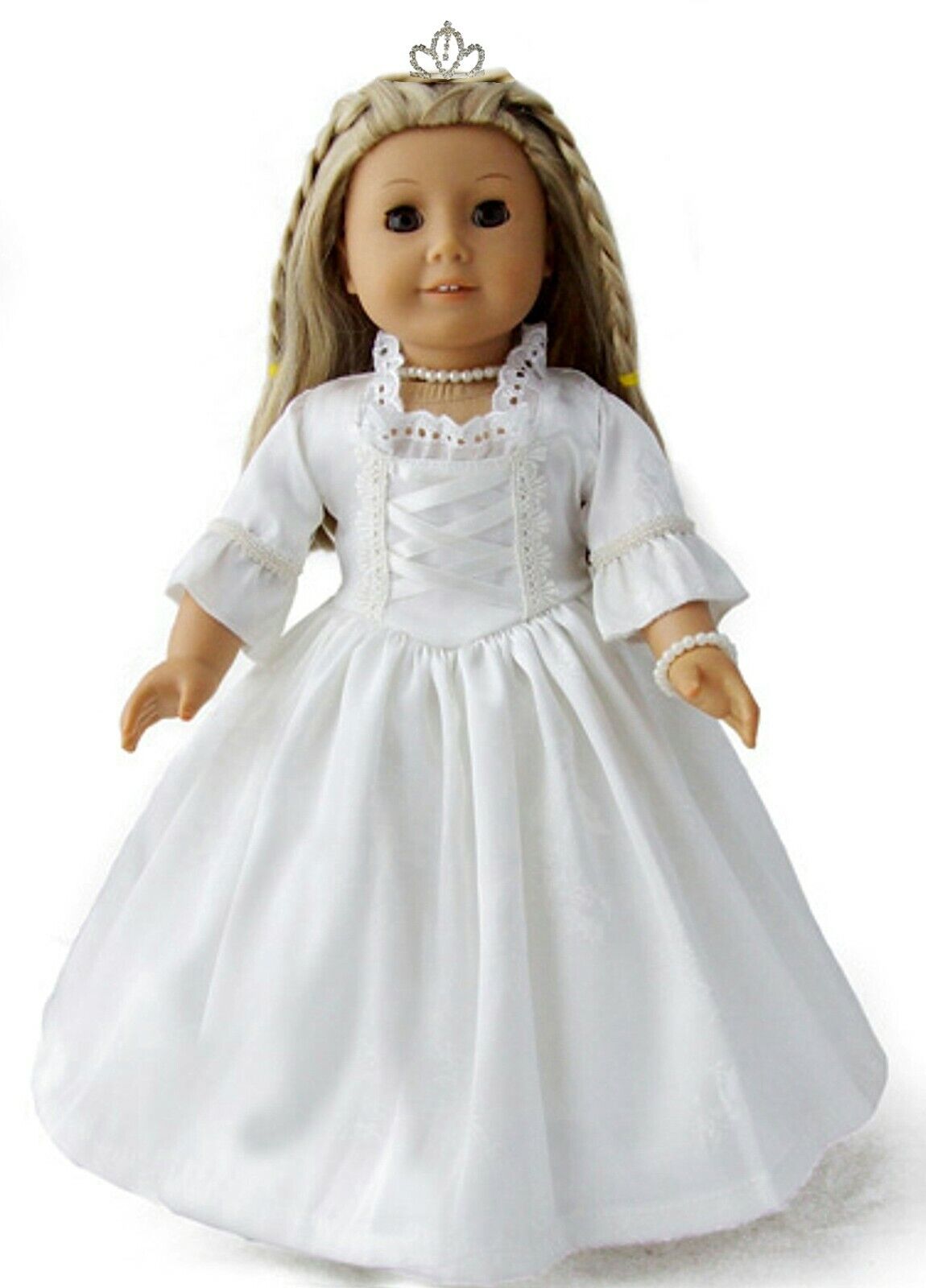 White Jacquard Wedding Dress w/ Tiara & Necklace for 18" Ame