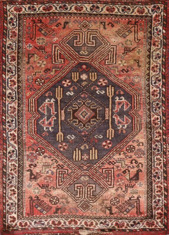 Vintage Rug 4x5 Ft.geometric Qashqai Oriental Hand-knotted Living Room Wool Rug