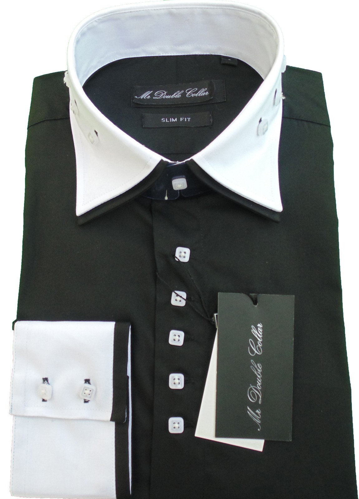 black shirt with a white collar