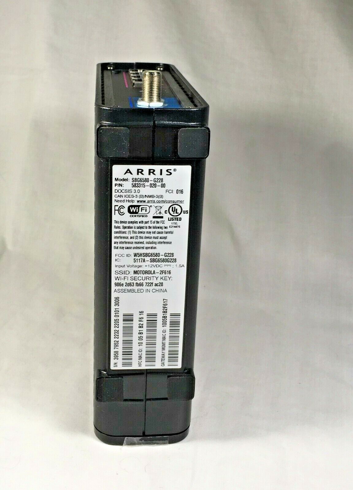 Arris Surfboard SBG6580 Cable Modem & Wifi Router– No AC Cord