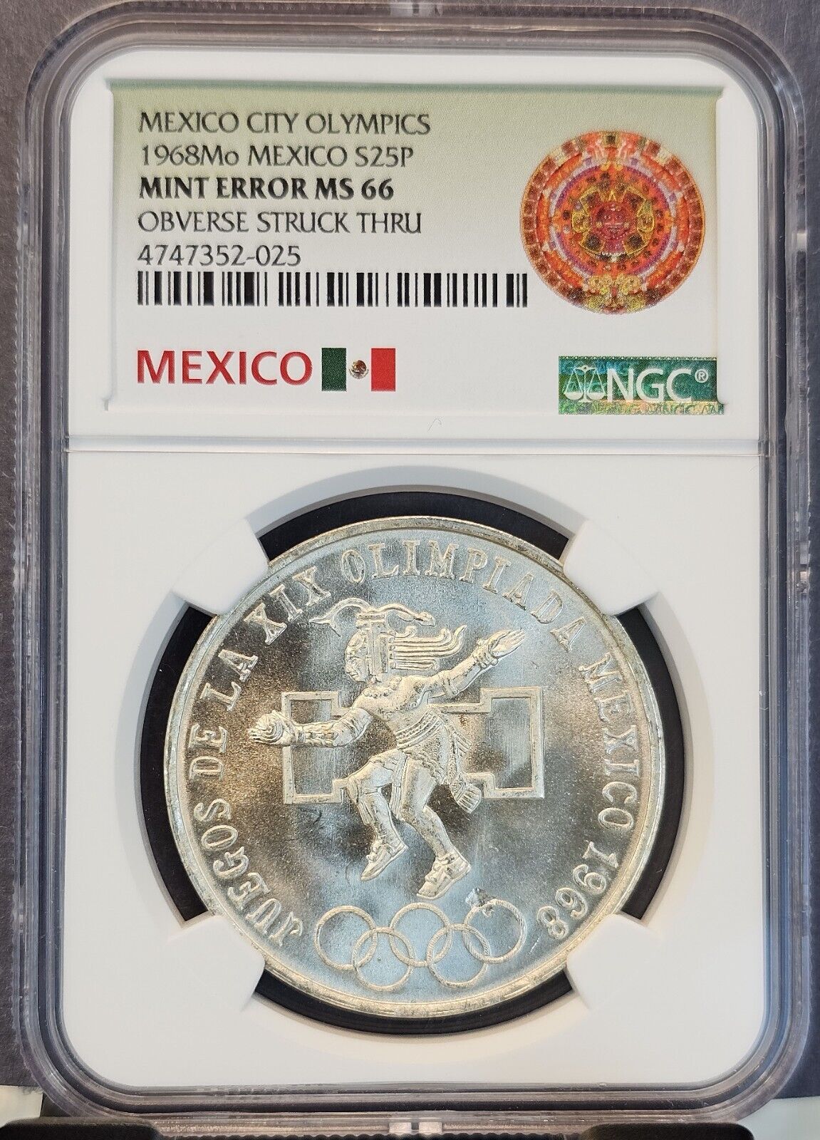 1968 MEXICO SILVER 25 PESOS OLYMPICS EVEN RINGS NGC MS 66 1968 MEXICO SILVER 25 PESOS OLYMPICS EVEN RINGS NGC MS 66