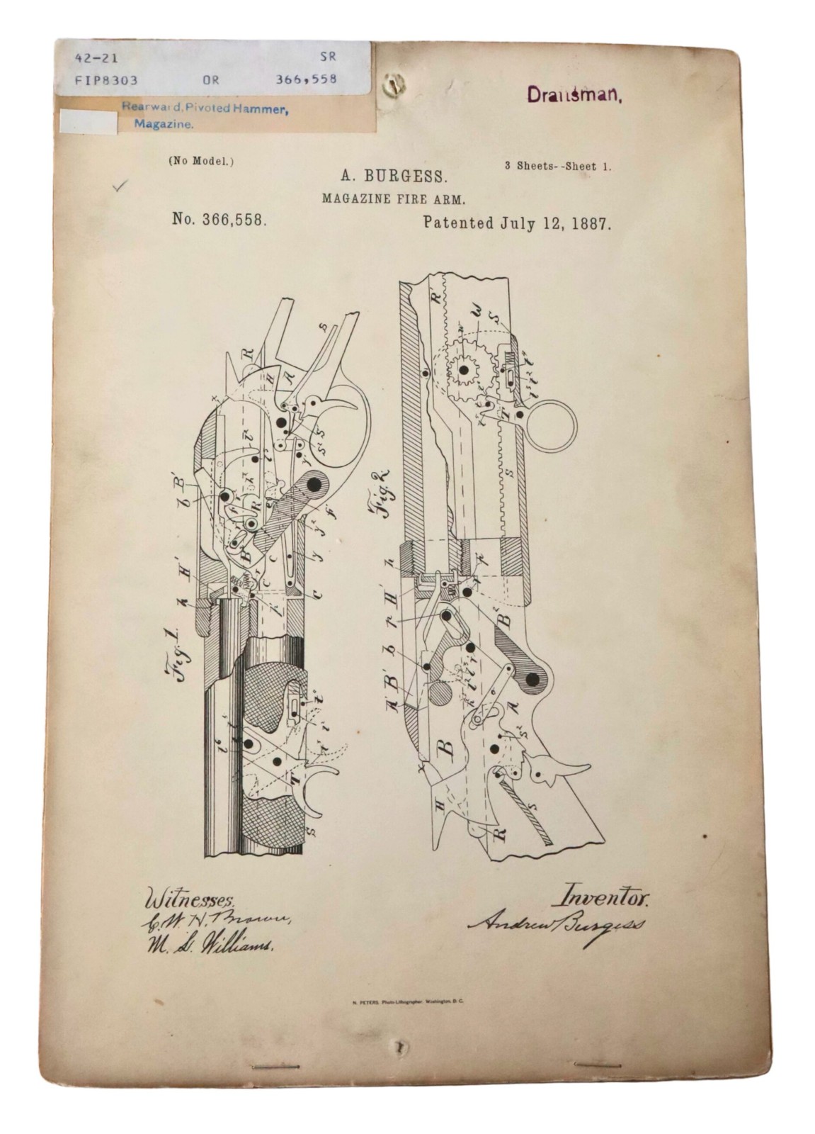 Original A. Burgess US Patent Filings Ephemera Magazine Fire Arm 1887