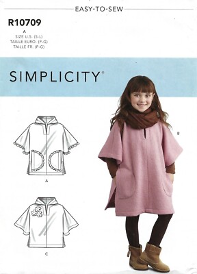 Simplicity R10709 Poncho in 2 Lengths w Hood Option, Pockets Sz 3-8 UNCUT 8428