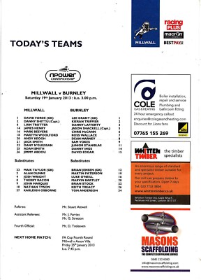 Teamsheet - Millwall v Burnley 2012/13