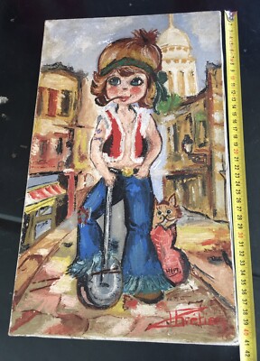 Tableau vintage Hippies Yéyé Baba Cool signée Titi Parisien PARIS Poulbot