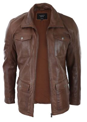 Pre-owned Truclothing Mens Tan Brown 3/4 Jacket Real Leather Safari Hunting Country Coat Classic