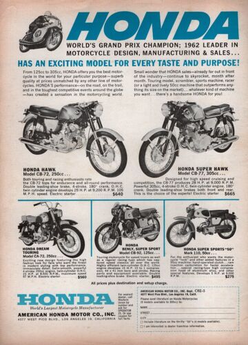 1962 Honda Hawk Super Hawk Benly & Dream Motorcycle Original Ad 