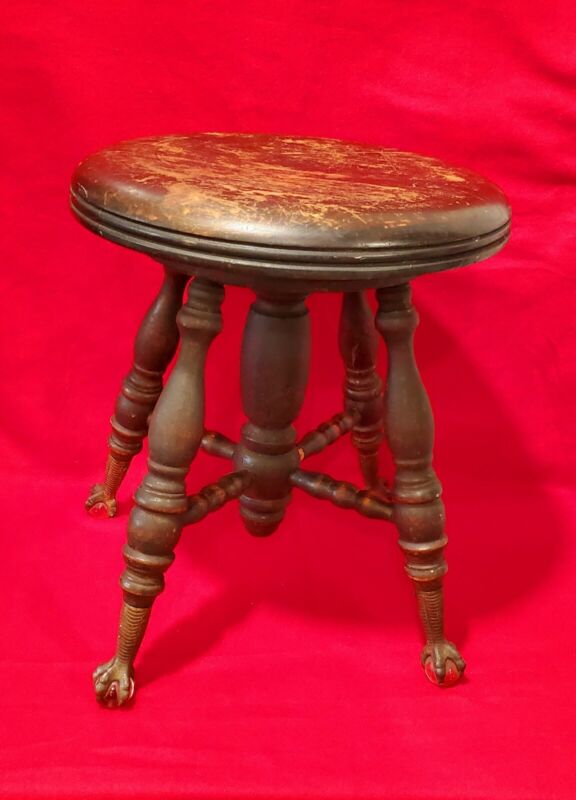 Antique/Vintage Wood Piano Organ Stool With Claw Feet & Glass Ball 