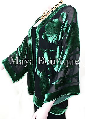 Pre-owned Maya Matazaro Emerald & Black Silk Burnout Velvet Jacket Short Kimono No Fringe  In Green