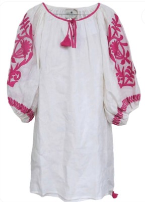 Pre-owned Citrus Benaras By  Women's Vita Fleur Narrow Sleeve Dress In White/fuschia -