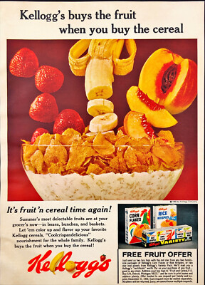 1966 Kelloggs Cereal Vintage Print Ad It's Fruit'n Cereal Time Again