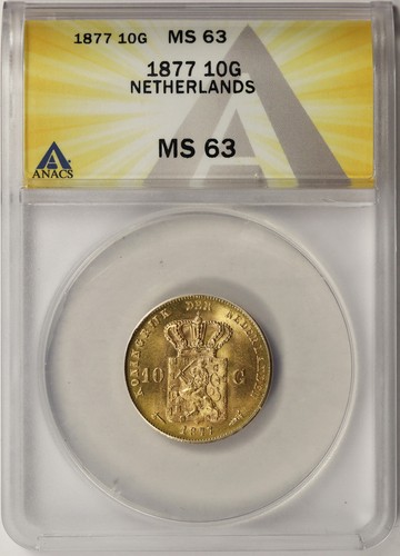 1877 Netherlands Broadaxe Gold 10 Gulden MS 63 ANACS | eBay