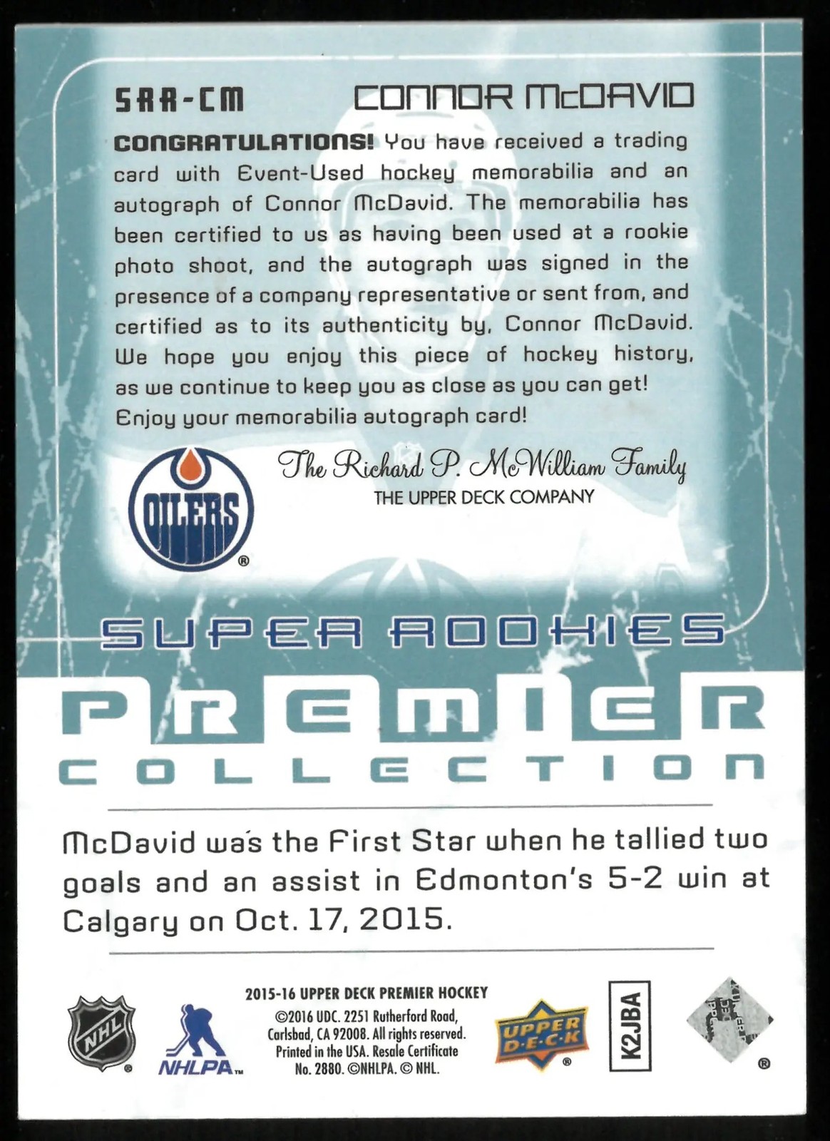 2015-16 Upper Deck Premier Connor McDavid RC Super Rookies Patch Auto /49 2