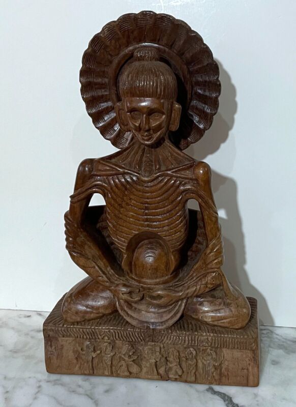 UNIQUE VINTAGE TEAK WOOK THAILAND STATUE OF A FASTING HUNGRY BUDDHA FIGURE