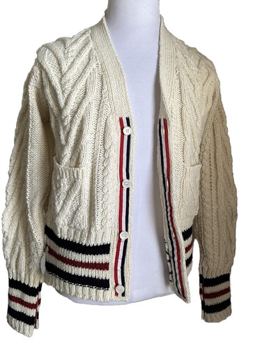 Pre-owned Thom Browne Men Open Knit Wool Blend Cardigan Sweater White L ( 3 ) Ireland